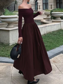 Sale Off Shoulder Criss Cross Long Dress Black Dresses|Casual Dresses