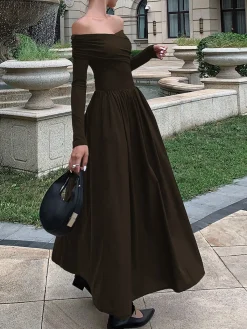 Sale Off Shoulder Criss Cross Long Dress Black Dresses|Casual Dresses