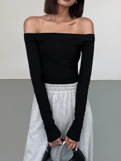 Off Shoulder Crop Long Sleeve Crop Shirt Sweater Tops|Crop Tops