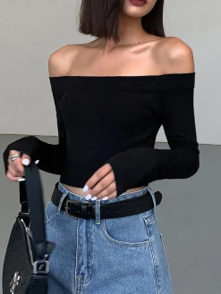 Off Shoulder Crop Long Sleeve Crop Shirt Sweater Tops|Crop Tops