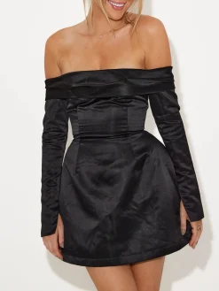 Outlet Off Shoulder Long Sleeve Overfold Mini Dress Black Dresses|Work Dresses