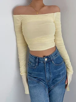 Discount Off Shoulder Mesh Crop Shirt Crop Tops|T-shirts