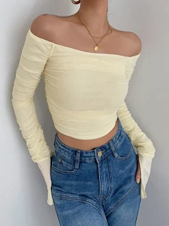 Discount Off Shoulder Mesh Crop Shirt Crop Tops|T-shirts