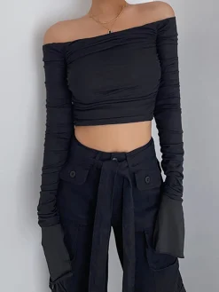 Discount Off Shoulder Mesh Crop Shirt Crop Tops|T-shirts