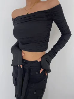 Discount Off Shoulder Mesh Crop Shirt Crop Tops|T-shirts