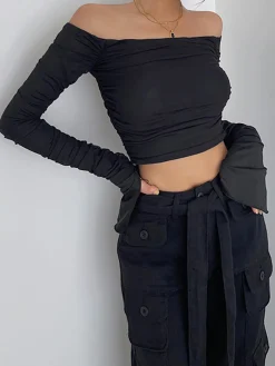 Discount Off Shoulder Mesh Crop Shirt Crop Tops|T-shirts