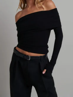 New Off Shoulder Overfold Long Sleeve Crop Shirt Crop Tops|T-shirts