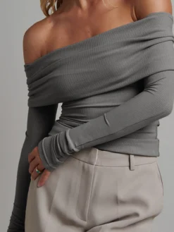 New Off Shoulder Overfold Long Sleeve Crop Shirt Crop Tops|T-shirts