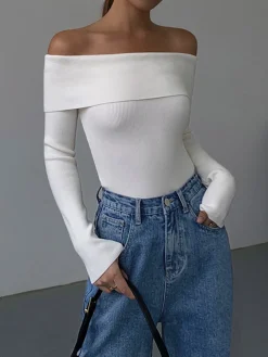 New Off Shoulder Overfold Long Sleeve Knit Top Sweater Tops|Sweaters & Cardigans