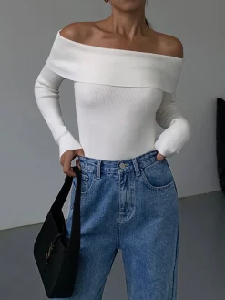 New Off Shoulder Overfold Long Sleeve Knit Top Sweater Tops|Sweaters & Cardigans