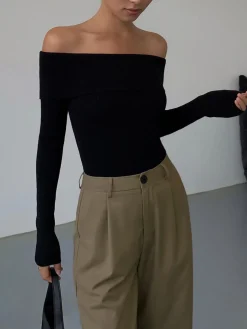 New Off Shoulder Overfold Long Sleeve Knit Top Sweater Tops|Sweaters & Cardigans