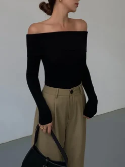 New Off Shoulder Overfold Long Sleeve Knit Top Sweater Tops|Sweaters & Cardigans