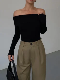 New Off Shoulder Overfold Long Sleeve Knit Top Sweater Tops|Sweaters & Cardigans