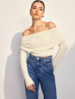 Online Off Shoulder Plain Knit Top Sweater Tops|Sweaters & Cardigans