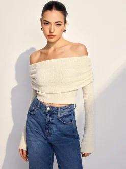 Online Off Shoulder Plain Knit Top Sweater Tops|Sweaters & Cardigans