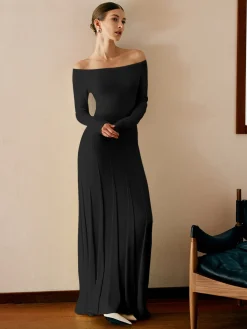 Discount Off Shoulder Pleated  Sweater Dress White Dresses|Black Dresses