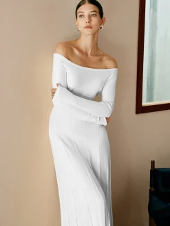 Discount Off Shoulder Pleated  Sweater Dress White Dresses|Black Dresses