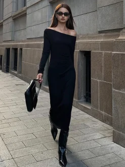 Clearance Off Shoulder Ribbed Long Sleeve Knit Long Dress Black Dresses|Casual Dresses