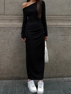 Clearance Off Shoulder Ribbed Long Sleeve Knit Long Dress Black Dresses|Casual Dresses