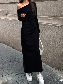 Clearance Off Shoulder Ribbed Long Sleeve Knit Long Dress Black Dresses|Casual Dresses
