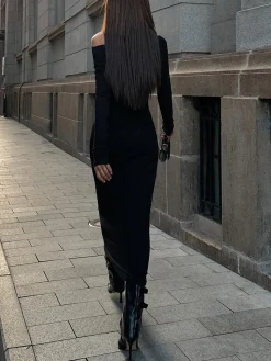 Clearance Off Shoulder Ribbed Long Sleeve Knit Long Dress Black Dresses|Casual Dresses