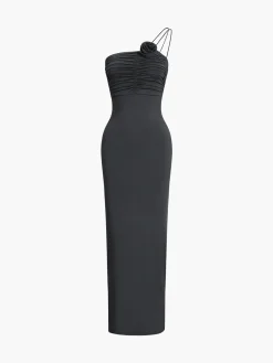 Clearance Off Shoulder Rose Decor Ruched Midi Dress Black Dresses|Work Dresses