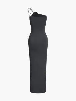 Clearance Off Shoulder Rose Decor Ruched Midi Dress Black Dresses|Work Dresses
