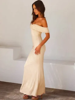 Sale Off Shoulder Ruffle Satin Long Dress Casual Dresses|Vacation Dresses