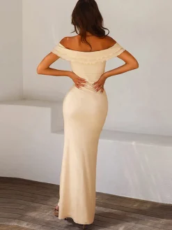 Sale Off Shoulder Ruffle Satin Long Dress Casual Dresses|Vacation Dresses