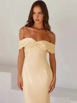 Sale Off Shoulder Ruffle Satin Long Dress Casual Dresses|Vacation Dresses