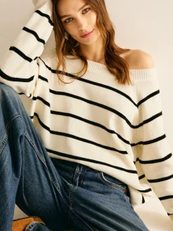 Clearance Off Shoulder Striped Pullover Sweater Sweater Tops|Sweaters & Cardigans
