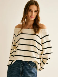 Clearance Off Shoulder Striped Pullover Sweater Sweater Tops|Sweaters & Cardigans