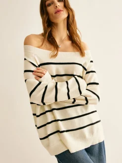 Clearance Off Shoulder Striped Pullover Sweater Sweater Tops|Sweaters & Cardigans