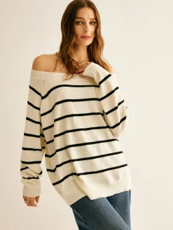 Clearance Off Shoulder Striped Pullover Sweater Sweater Tops|Sweaters & Cardigans