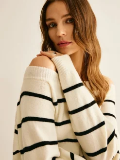 Clearance Off Shoulder Striped Pullover Sweater Sweater Tops|Sweaters & Cardigans