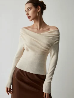 Discount Off Shoulder Wrap Long Sleeve Knit Top Sweater Tops|Sweaters & Cardigans