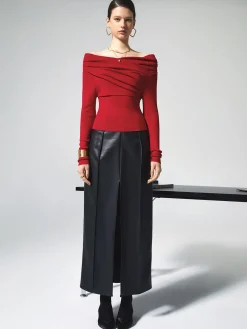 Discount Off Shoulder Wrap Long Sleeve Knit Top Sweater Tops|Sweaters & Cardigans