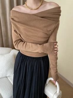 Discount Off Shoulder Wrap Long Sleeve Knit Top Sweater Tops|Sweaters & Cardigans