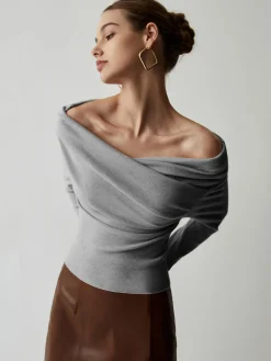 Discount Off Shoulder Wrap Long Sleeve Knit Top Sweater Tops|Sweaters & Cardigans