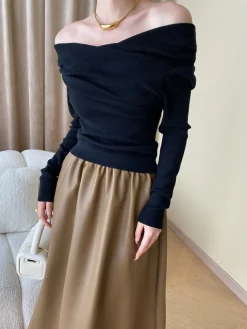 Discount Off Shoulder Wrap Long Sleeve Knit Top Sweater Tops|Sweaters & Cardigans