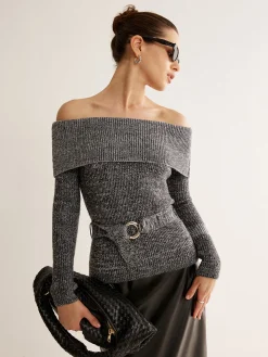 Best Off-Shoulder Belted Sweater Sweater Tops|Sweaters & Cardigans