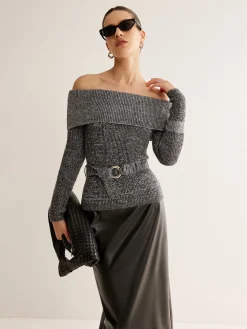 Best Off-Shoulder Belted Sweater Sweater Tops|Sweaters & Cardigans