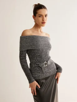 Best Off-Shoulder Belted Sweater Sweater Tops|Sweaters & Cardigans