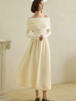 Discount Off-Shoulder Bud Waist Pleated Knit Dress White Dresses|Sweater Dresses
