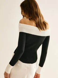 Hot Off-Shoulder Color Block Knit Top Sweater Tops|Sweaters & Cardigans