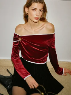 Best Off-Shoulder Contrast Trim Velvet Blouse Tops