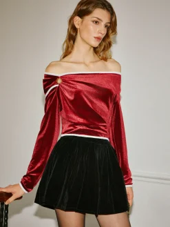Best Off-Shoulder Contrast Trim Velvet Blouse Tops