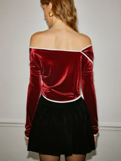 Best Off-Shoulder Contrast Trim Velvet Blouse Tops