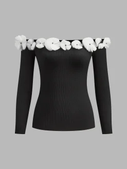 New Off-Shoulder Floral Decor T-Shirt Tops