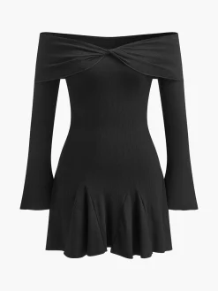 Online Off-Shoulder Flowy Knit Dress Black Dresses|Sweater Dresses